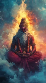 Meditating mystic in fiery aura above clouds in cosmos.