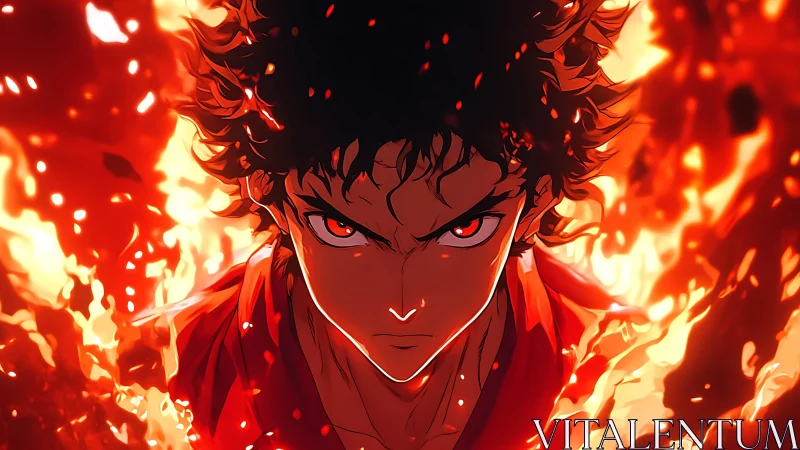 Fiery anime warrior stares ahead with blazing determination.