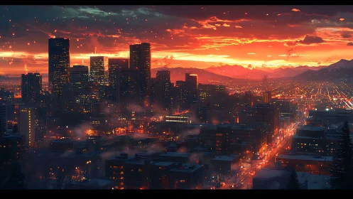 Sunset city skyline with glowing streets and mountains.