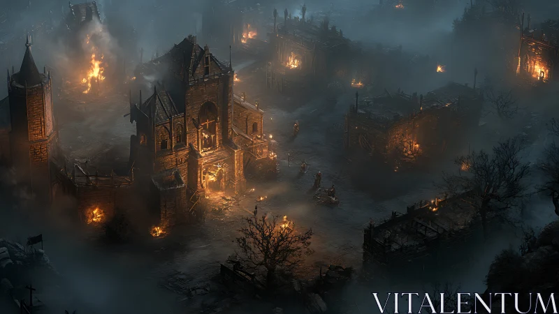 Smoldering medieval village glows gently through the foggy night