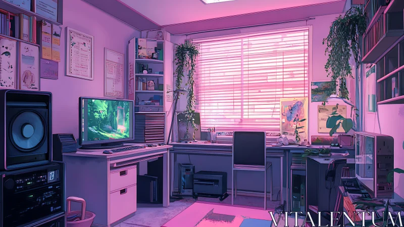 Neon-tinted workstation with biophilic digital studio glow.