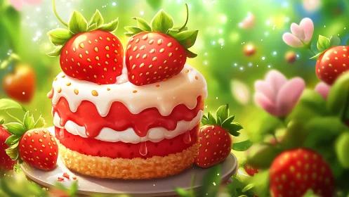 Strawberry Layer Cake with Fresh Fruit Garnish and Soft Bokeh Background