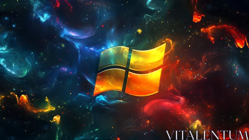 Glowing golden window emblem in swirling cosmic nebula field.