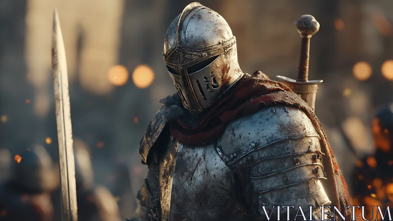 Battleworn medieval knight advances through burning siege line.