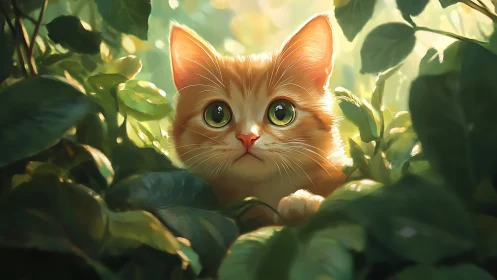 Orange Cat Nestled in Sunlit Garden Foliage.