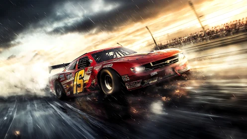 Red stock car on wet racetrack in heavy rain conditions.