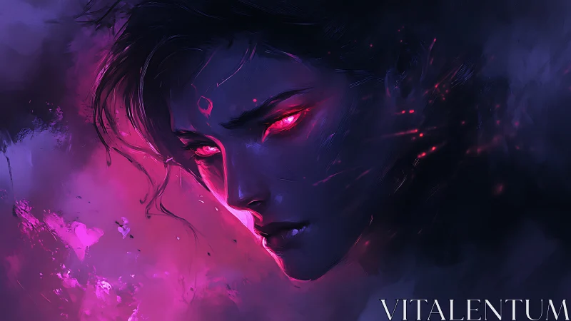 Female face with glowing red eyes in neon mist portrait.
