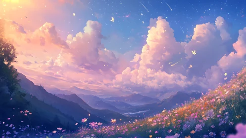 Sunlit mountain valley under glowing clouds and flower field