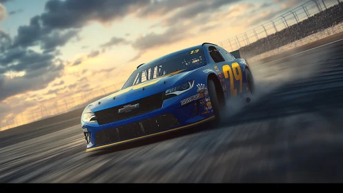 Blue stock car on oval racetrack under evening sky.