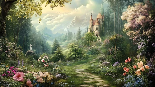 Enchanted forest path leading toward distant fairytale castle.
