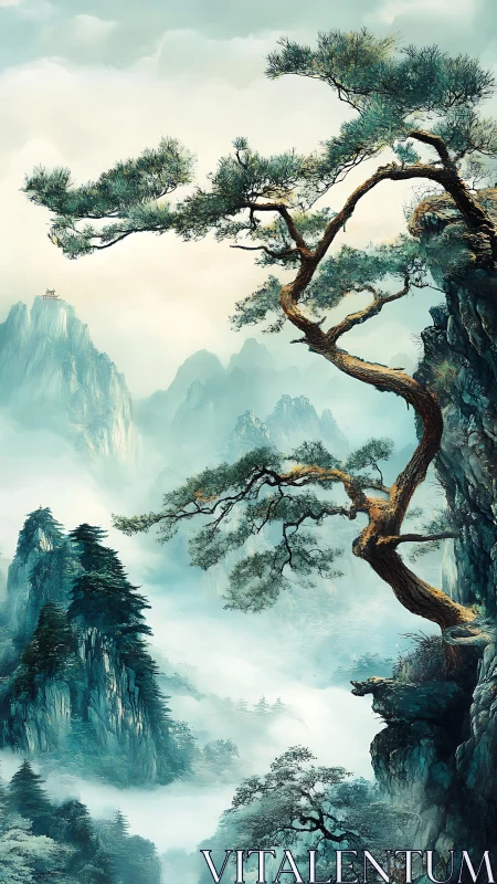 Mountain landscape with pine tree and distant misty peaks.
