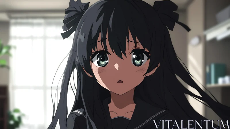 Soft daylight frames a shy anime girl in quiet wonder