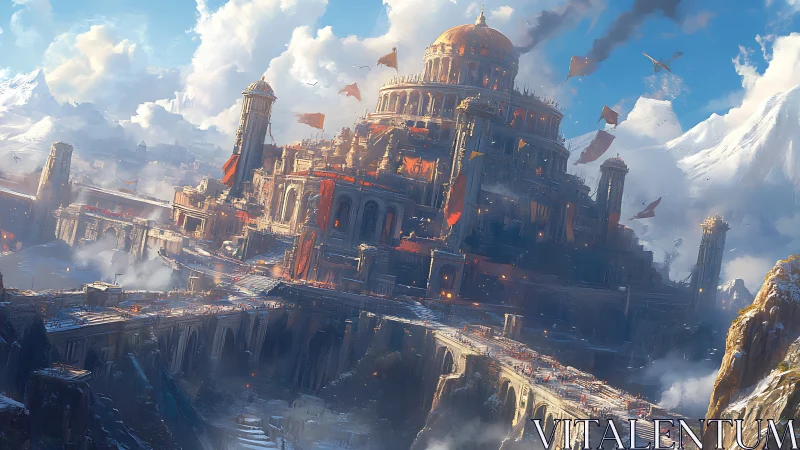 Grand mountain citadel with bridges under bright sky.