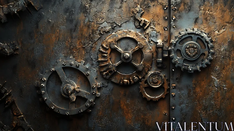 Rusted industrial gears on corroded steampunk metal wall.