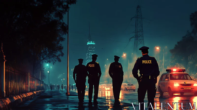 Midnight city patrol under rain-soaked neon streetscape.