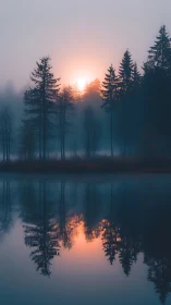 Sun disc intersects silhouetted conifer line over still water