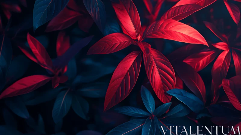 Neon red foliage contrasts with deep blue leaves in darkness