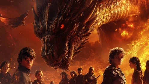 Dragon dominates foreground while armored youths face fire