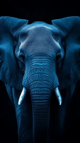 Elephant frontal portrait in monochromatic blue lighting