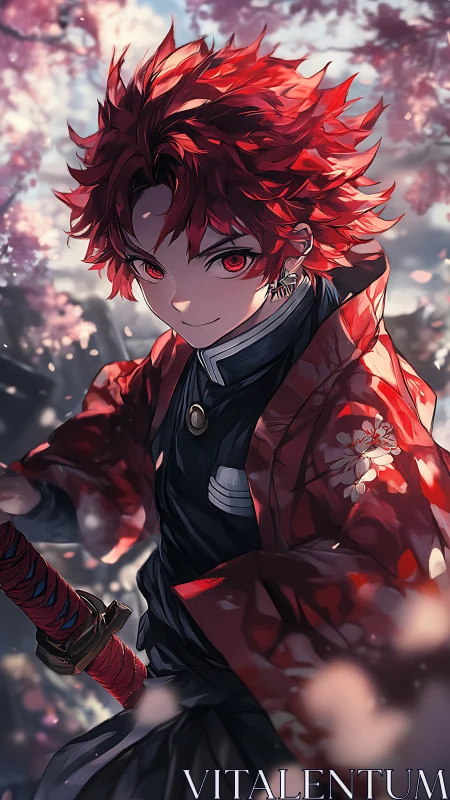 Crimson-haired swordsman beneath swirling cherry blossoms.