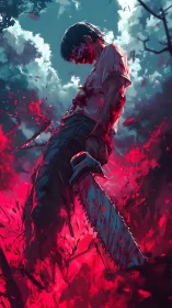 Blood-soaked youth dominates crimson battlefield in dynamic anime