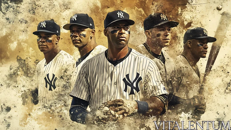 Baseball players in Yankees uniforms stand in textured collage
