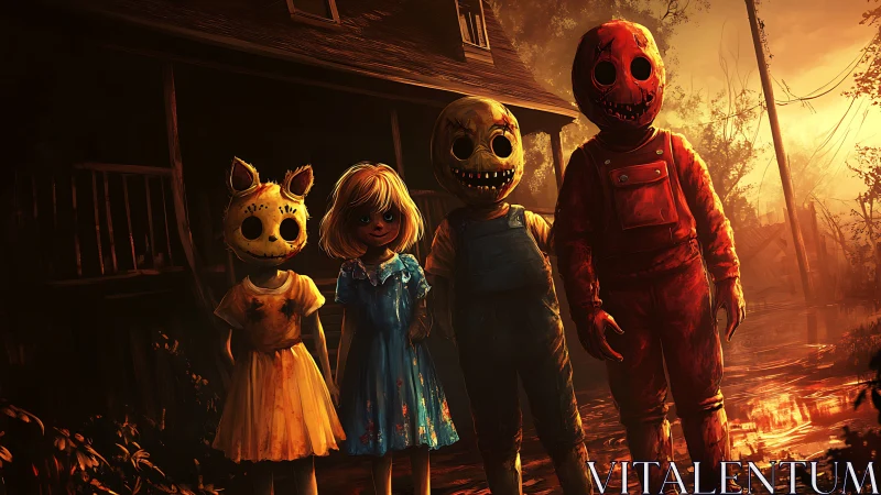 Masked children stand in front of a decayed rural house at dusk