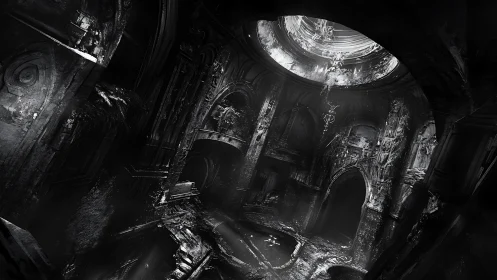 Interior of deteriorated architectural structure with oculus opening