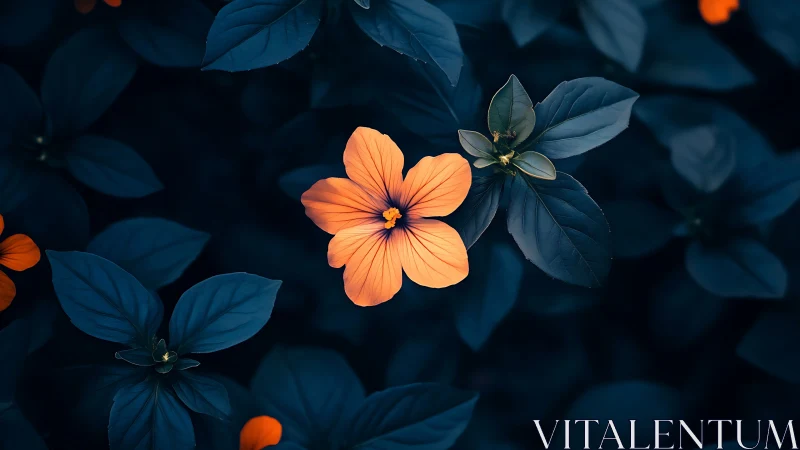 Vibrant Orange Blossom Amid Deep Blue-Toned Foliage in Selective Focus