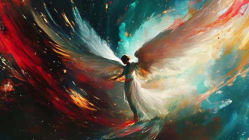 Winged celestial figure framed by dynamic, high-contrast nebular strokes