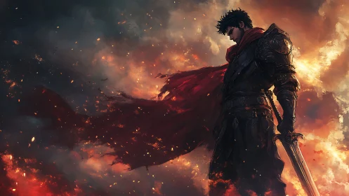 Brooding armored swordsman in flames and stormy sky scene.
