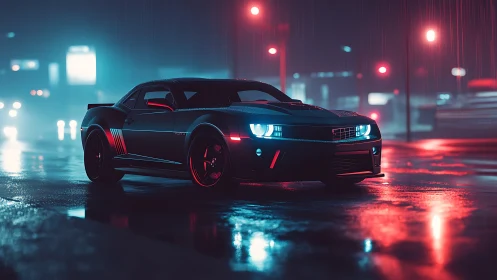 Muscle car cuts through neon soaked night rain slick street