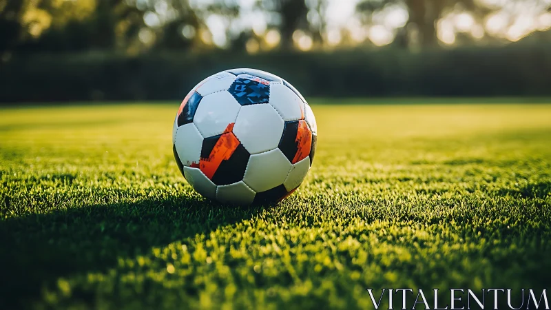 Match-ready soccer ball on sunlit natural grass pitch at dusk