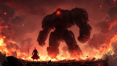 Colossal armored mech confronts lone figure amid incendiary blast