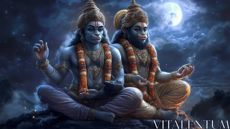 Peaceful twin monkey deities in moonlit mountain meditation.