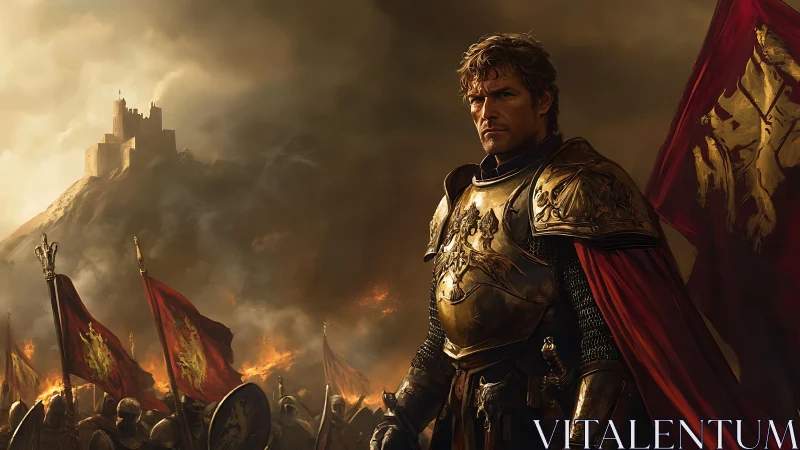 Golden knight before a burning castle and crimson banners.