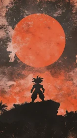 Silhouetted warrior crowned by a blazing rust-red planet.