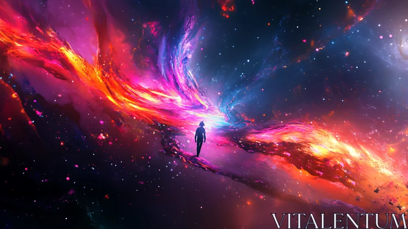 Lone dreamer strolling through a glowing cosmic river.