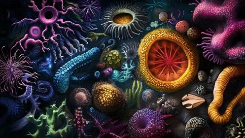 Microscopic alien reef organisms rendered in neon bioluminescence.