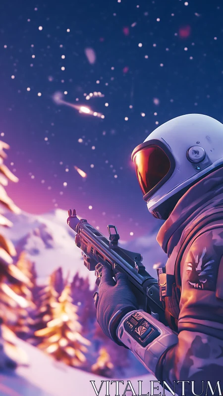 Astronaut holds rifle in snowy landscape under particle field