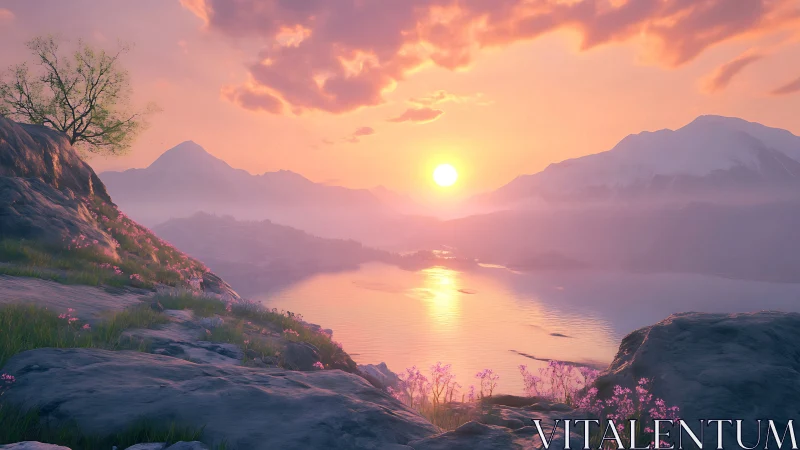 Sunset over tranquil mountain lake with rocky flowered shore.