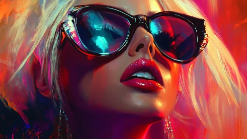 Neon portrait of woman in reflective sunglasses and gloss.