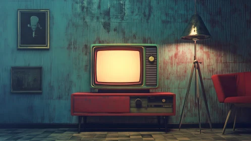 Retro CRT television glows in dim midcentury style lounge
