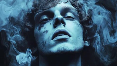 Chromatic blue portrait with swirling particulate vapors.