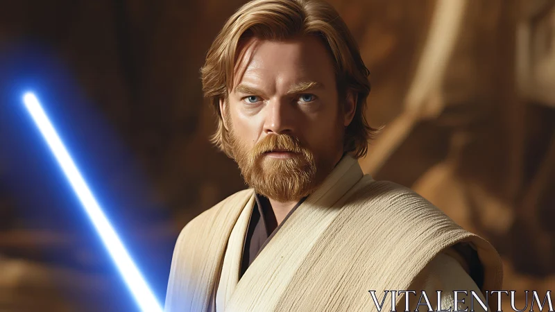 Photorealistic Jedi warrior portrait with glowing lightsaber focus.