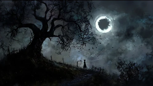 Lone child beneath eclipsed moon in haunted twilight grove.