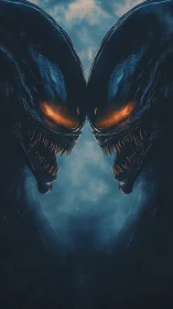 Symmetrical view of two opposing dark alien heads.