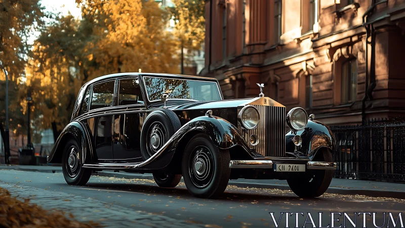 Vintage Rolls-Royce limousine gleams in autumn city street