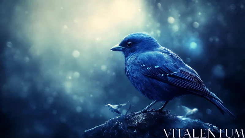 Vivid Blue Songbird on Rock in Dreamlike Night Setting.