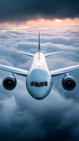 Calm jetliner gliding above clouds toward soft sunrise.